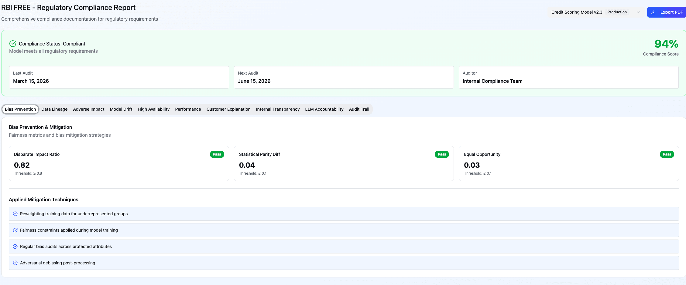 Claris RBI FREE Compliance Report — Bias Prevention tab showing Disparate Impact Ratio, Statistical Parity Diff, and Equal Opportunity metrics