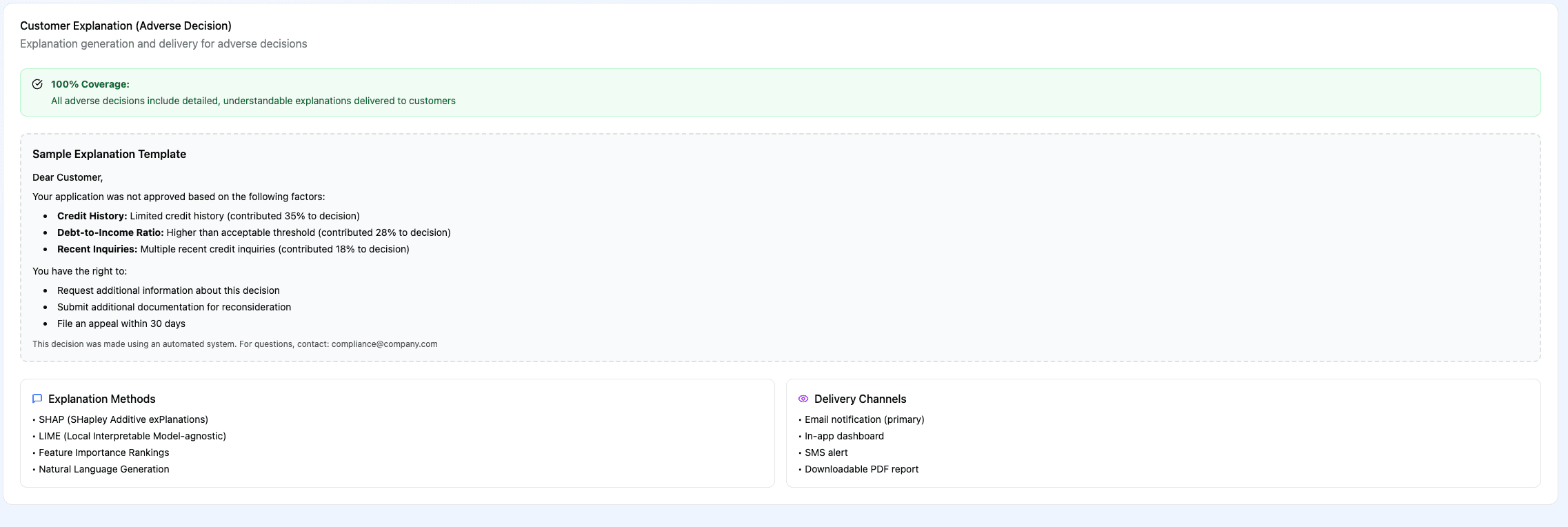 Claris RBI FREE Compliance Report — Customer Explanation tab showing sample adverse action notice