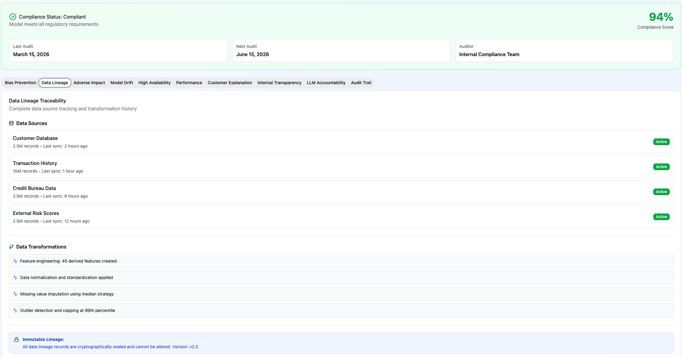 Claris RBI FREE Compliance Report — Data Lineage tab showing data source tracking and transformation history